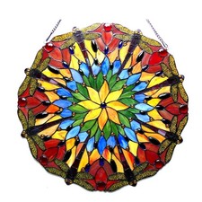 24" Round Stained Glass Dragonfly Window Hanging Panel Suncatcher