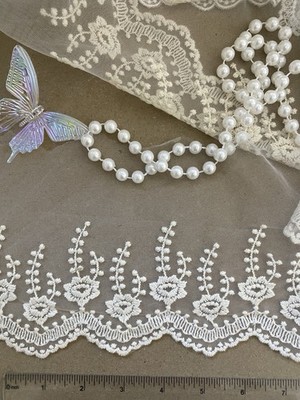 2 Yards 5'' Beige Vintage Embroidered Tulle Lace Trim, Floral Scalloped Edge