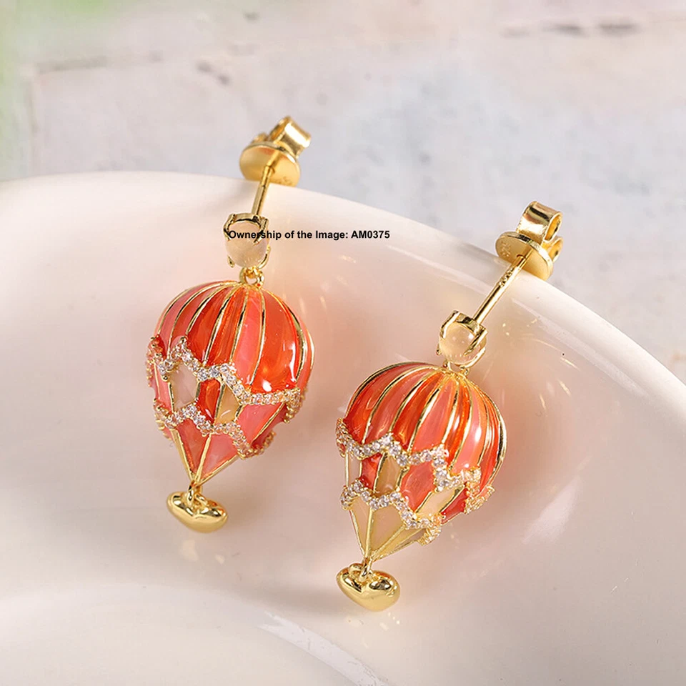 Pendientes colgantes enchapados en oro real de plata de ley 925 con forma de globo rojo Foto 3 de 4