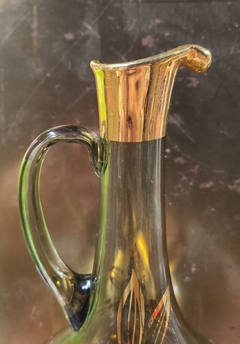Vintage MCM Smoke Glass Liquor Cordial Decanter Gold Flowers - Picture 2 of 15
