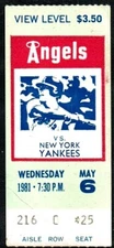 1979 BASEBALL TICKET YANKEES ANGELS MUNSON CHAMBLISS 2 HR/DON BAYLOR MVP/2 HR!