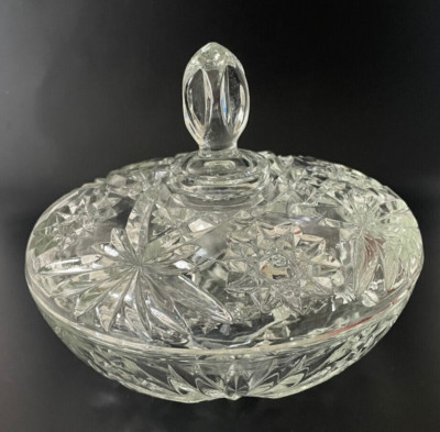 Vintage Anchor Hocking PRESCUT CLEAR 7'' Glass CANDY BOWL DISH &LID Star of David