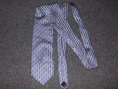 SO Men's 100% Silk Necktie Designer Striped Peach/Pink/Silver EUC Rare - Image 1 of 2