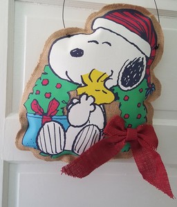 Peanuts Gang Woodstock Snoopy Dog Christmas Burlap Wall Hanging