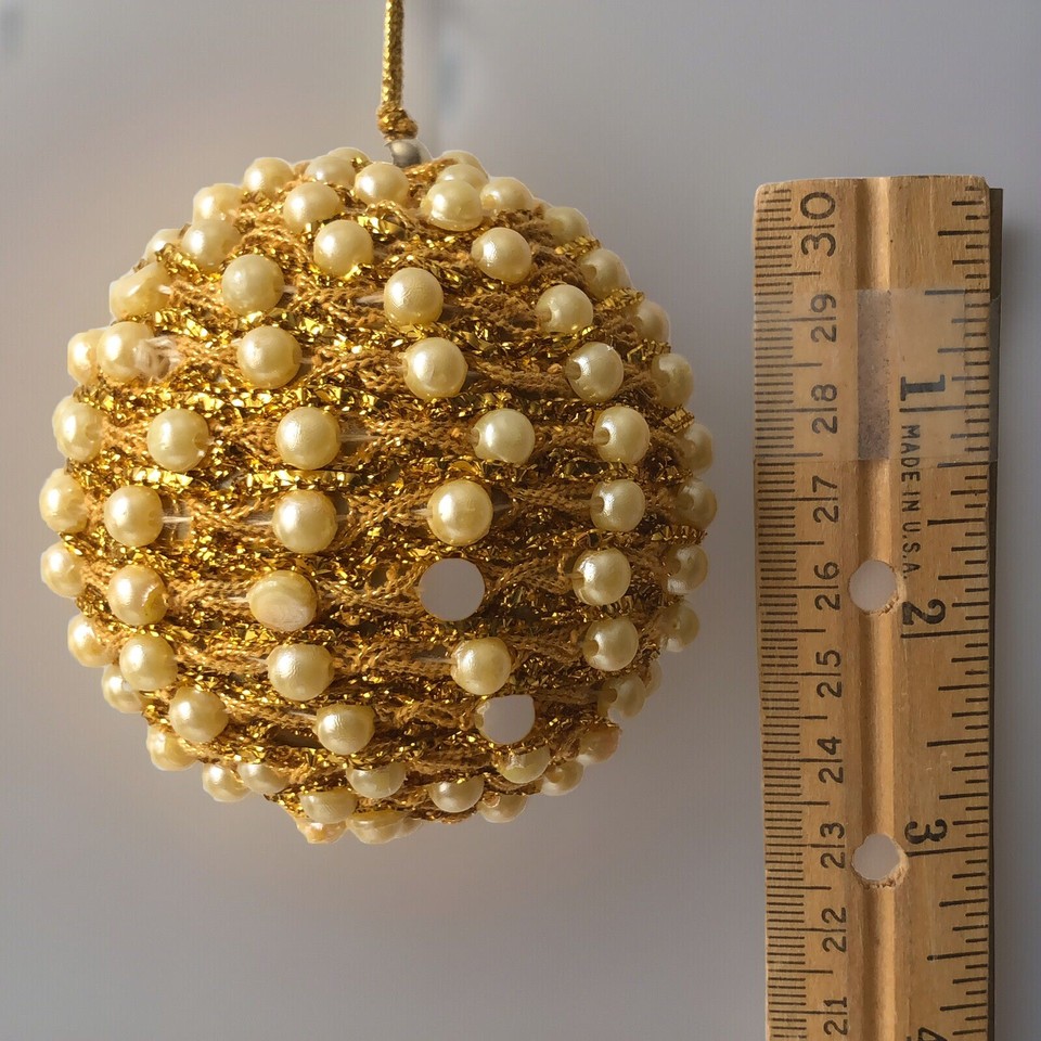 Vintage Christmas Ornaments Gold Pearls Ecru Rhinestone Set Of 3