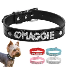 Bling Leather Personalized Rhinestone Letter Name Charm Pet Cat Dog Collar S M L