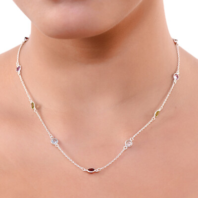 5 Gm 925 Sterling Silver Natural Multi Cut Gemstone Handmade Necklace 20'' M-2202