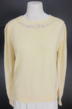 VTG Partners 80s Pastel Yellow Sweater Pearl Beaded Cottage Puff Sleeve - M