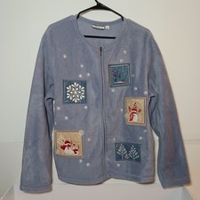 VTG Croft Barrow Christmas Snowman Full Zip Fleece Cardigan Sweater Women Sz L