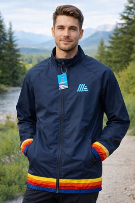 #ad #ad NWT Aldi Windbreaker Jacket Men’s Medium Navy Full Zip Retro Rainbow Trim $29.21