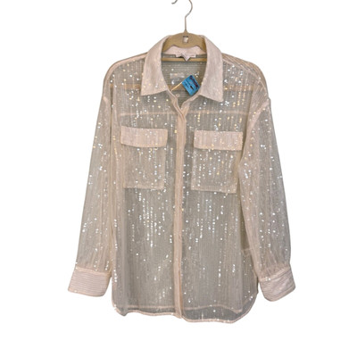 BOSS House of Harlow 1960 Shirt Top Womens M Cream Sequin Relaxed Button Up NWT