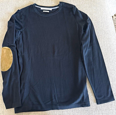 Zara Man Men s Solid Black Crew Neck Long Sleeve Cotton Knit Tee M Elbow Patch