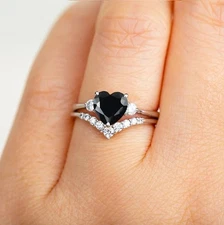 2Ct Heart Cut Simulated Black Diamond Bridal Set Ring In 14K White Gold Plated