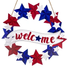 Patriotic Hanging Door Sign, 4th/Fourth of July Wooden Welcome Wreath for Fro...