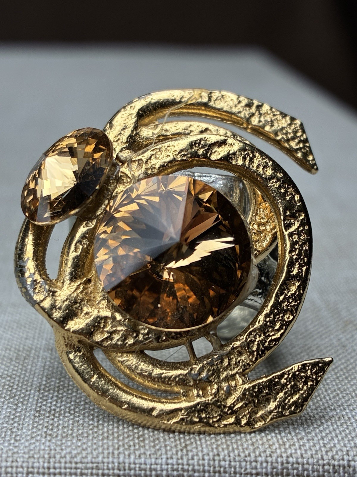 Brushed Silver And Gold Statement Ring Amber Ston… - image 1