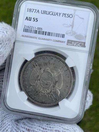 Un Peso Uruguay 1877 A, Silver Coins . NGC AU 55