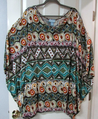 Liz & Me 5X 34/36W Bohemian Kaftan Pullover Top Geometric Flowing Cool Soft