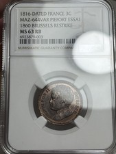 1816 France Piedford Essai 3 c�ntimes - NAPOLEON II - NGC MS63 RB SOLE TOP POP