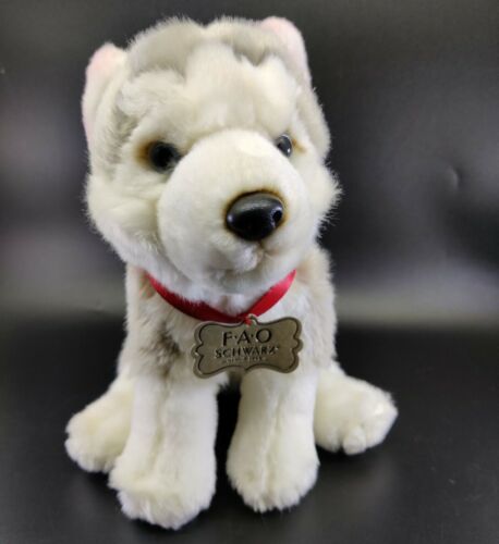 FAO Schwarz Husky Plush 10” Tall Puppy Dog Grey White Red Collar Bone Tag - Picture 1 of 12
