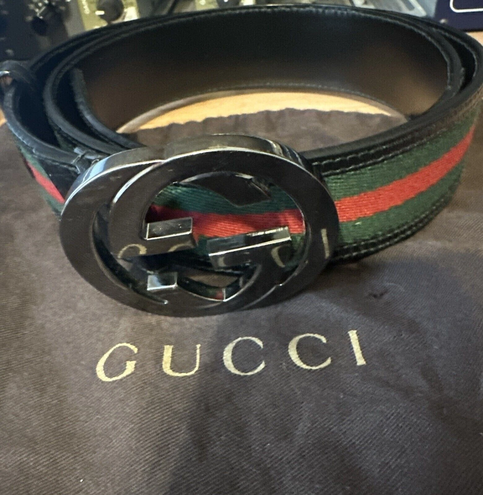 Sangle de toile ceinture Gucci en VERT et ROUGE boucle G imbriquée 80 32 cuir blk