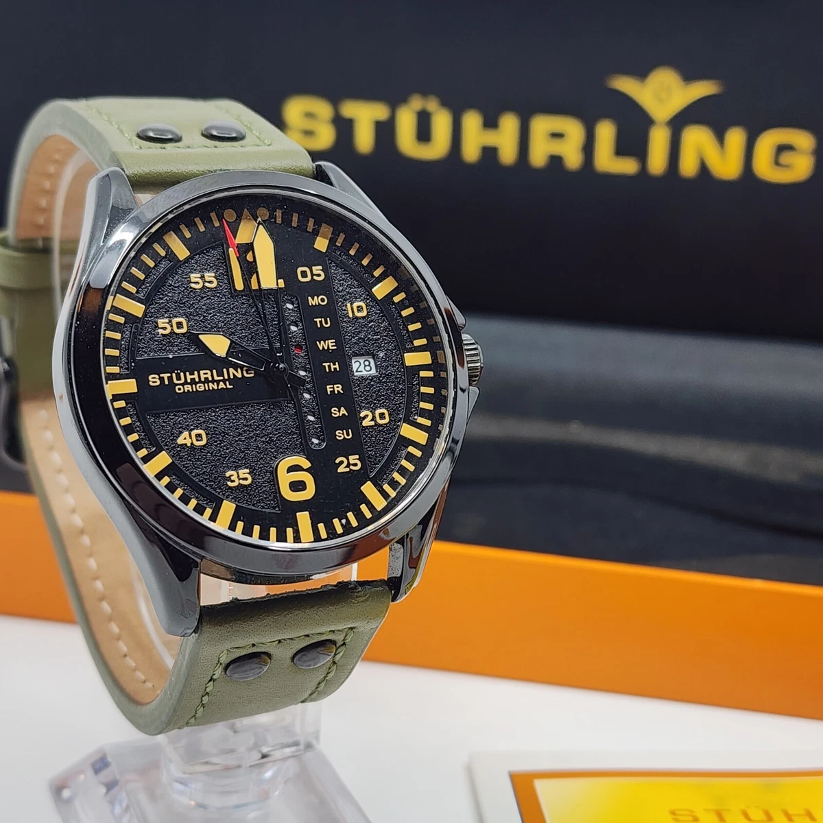 Stuhrling 3916 3 Aviator Day Date Green Leather Strap Mens Watch