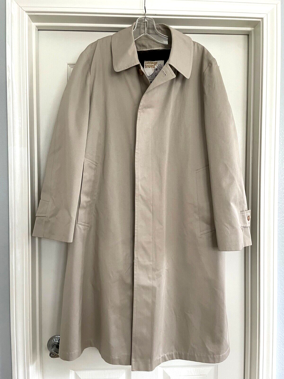 Mens London Towne Overcoat Trench Khaki Faux Fur Insert Vintage Size 40S
