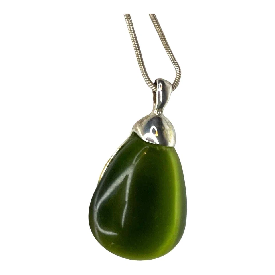 COLLAR COLGANTE LÁGRIMA OJO DE TIGRE OJO DE TIGRE TONO PLATA Y VIDRIO VERDE 16-19" se ajusta de colección Foto 3 de 4