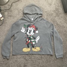 Disney Mickey Mouse Christmas Lights Cropped Gray Hoodie Sweatshirt Size XXL