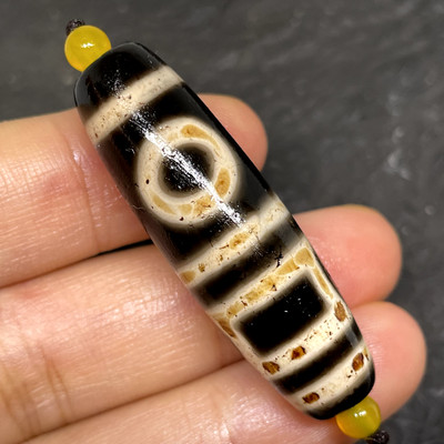 Antique Magic Power Tibetan Old Agate *2 Heaven Earth* Amulet Dzi Bead