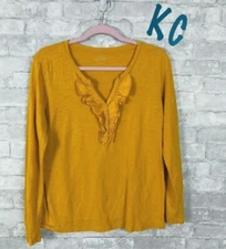 LOFT RUFFLE BUTTON V NECK LONG SLEEVE SHIRT MUSTARD YELLOW SZ L SUPER SOFT 