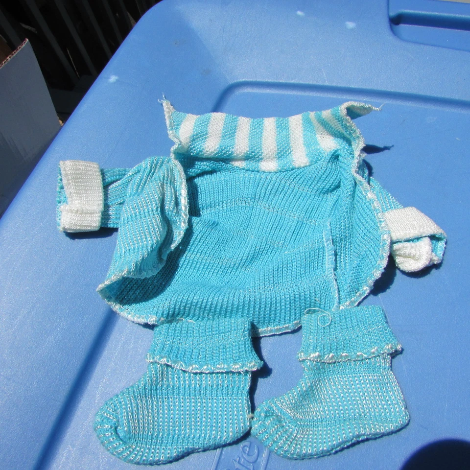 Vintage Doll Knit Rayon Outfit Jacket Booties Dy-Dee, Tiny Tears 12" Blue 1950s - Image 2 of 4