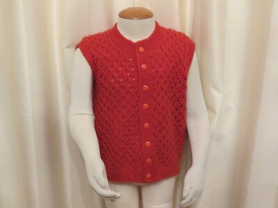 Vintage 60s Handmade Kids Knitted Coral Red Orange Button Up