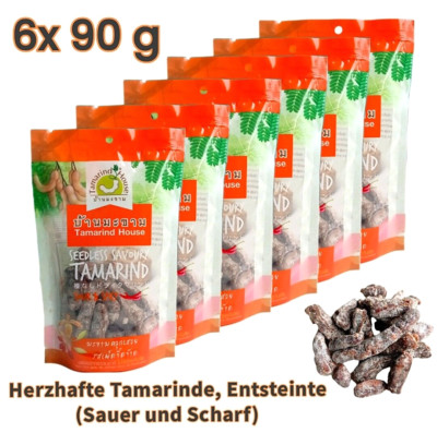 [ 6 x 90 g ]  Herzhafte Tamarinde Sauer und Scharf, Entsteint Früchte Thai Snack