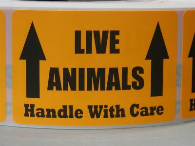 50 LIVE ANIMALS HANDLE WITH CARE 2x3 Warning Sticker Label fluorescent ...