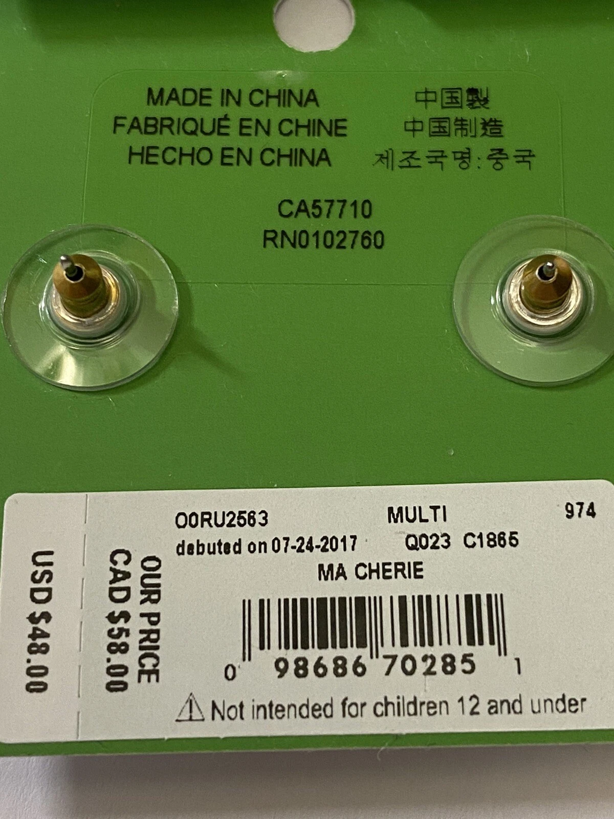 Orecchini a perno KATE SPADE NEW YORK Ma Cherie cristallo ciliegia nuovi