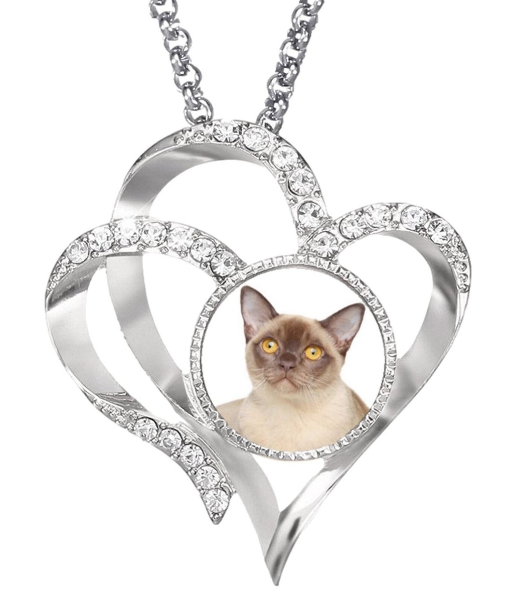 Burmese Cat Pet Silver Colour Heart Necklace And Diamante Pendant