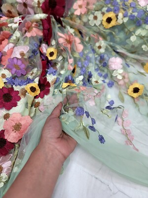 Multicolor Lace 3d Floral Flowers Fabric Sold By The Yard Dress Mint Mesh 