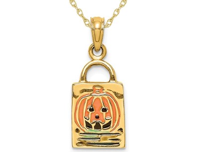 14K Gelbgold Halloween Kürbis Charm Anhänger mit Kette