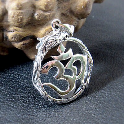 Massiver 925 Sterling Silber Schlange Om Anhänger - Ouroboros Drache Yoga Schmuck