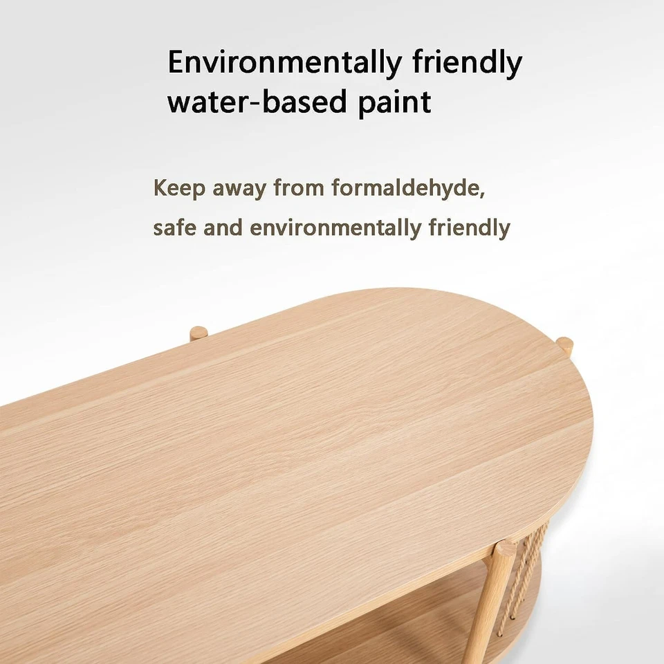 Bamboo Coffee Table 2-Tier Oval Coffee Table with Storage Shelf Mid Century - Image 2 of 4