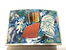 Mayan Themed Silver-Toned Mexico Belt Buckle w/Turquoise  Stone Inlay, 2  By 3  