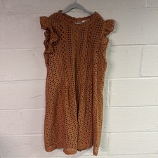 Madewell Women's Eyelet Ruffle-Sleeve Pintuck Mini Dress Rust Orange SZ S