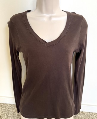 Michael Stars Women's Brown Supima Cotton Soft V Neck T Shirt Long Sleeve OS
