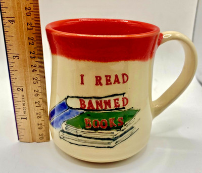 ''I Read Banned Books'' Art Pottery Mug, Signed, Libby