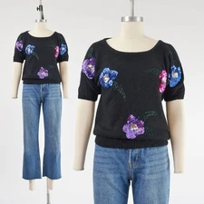 Vintage 80s Black Floral Beaded Silk Angora Short Sleeve Sweater S M