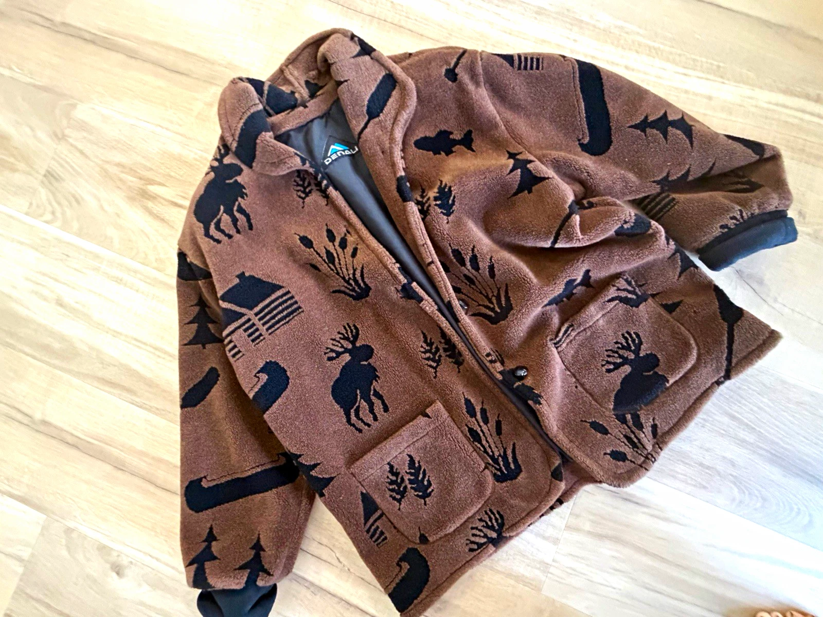 Vintage Denali Fleece Jacket Cabin Core Moose Wilderness Print Brown L/XL - product detail image 1
