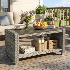 Image of Outdoor Side Table with Storage Shelf Rattan Coffee Table 90 cm