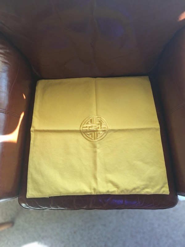 Bright Yellow Cotton Decorative Pillow Cover 'Eternal' Chinese  Logo 19.5" sq.