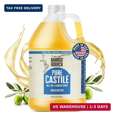 BAMBOO AND BIRCH Pure Castile Soap Liquid, Unscented, 64 oz | Certified Palm Oil