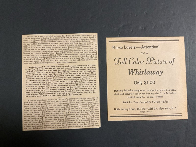 WHIRLAWAY  1942 Two Original Clippings Horse  Racing 1941 TRIPLE CROWN